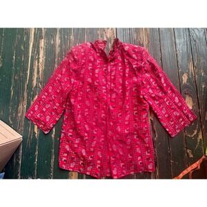 Halston III Vintage Red Silk Geometric Print Blouse 3/4 Sleeve Size 8